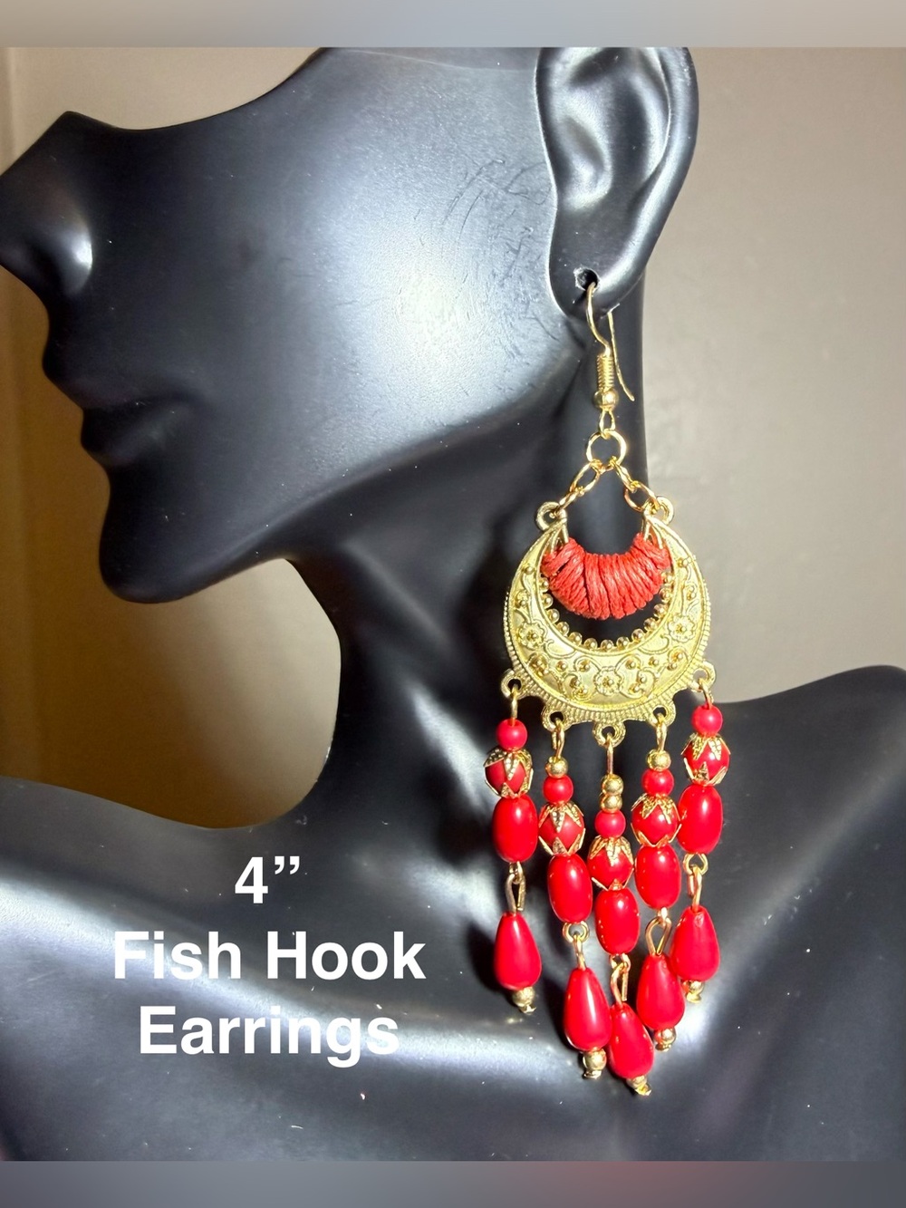 Bohemian Gold-Tone Red Beaded Fish Hook Earrings